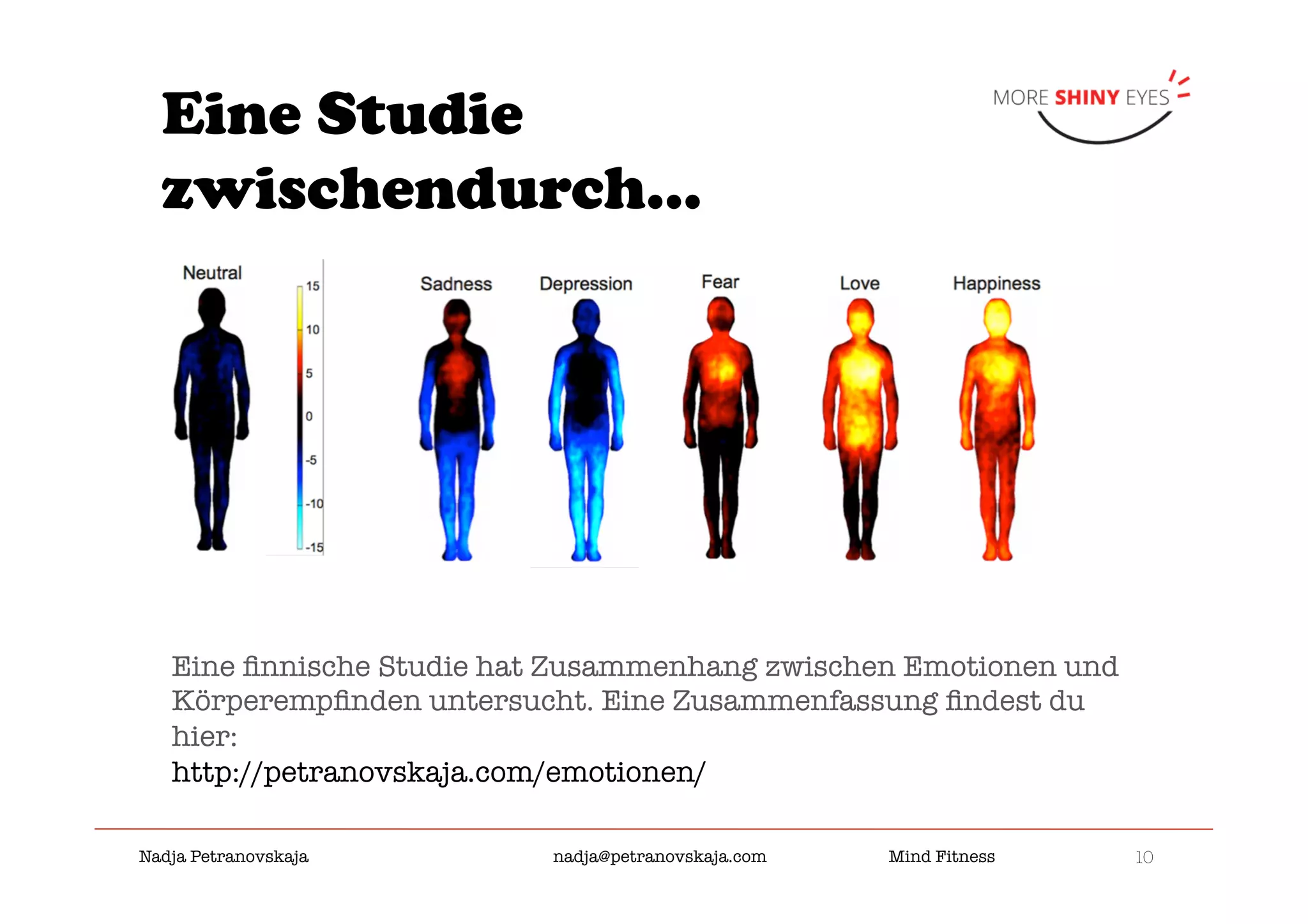 10

Nadja Petranovskaja 
 
 
nadja@petranovskaja.com 
 
Mind Fitness
Eine Studie
zwischendurch...
Eine ﬁnnische Studie hat Zusammenhang zwischen Emotionen und
Körperempﬁnden untersucht. Eine Zusammenfassung ﬁndest du
hier: 
http://petranovskaja.com/emotionen/

 