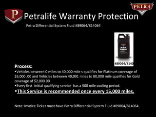Petralife Warranty Protection
       Petra Differential System Fluid #89064/814064




                                                              #89064/8140
Process:                                                      64
•Vehicles between 0 miles to 40,000 mile s qualifies for Platinum coverage of
$5,000 .00 and Vehicles between 40,001 miles to 80,000 mile qualifies for Gold
coverage of $2,000.00
•Every first initial qualifying service has a 500 mile cooling period.
•This Service is recommended once every 15,000 miles.

Note: Invoice Ticket must have Petra Differential System Fluid #89064/814064.
 