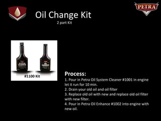 Oil Change Kit
            2 part Kit




#1100 Kit        Process:
                 1. Pour in Petra Oil System Cleaner #1001 in engine
                 let it run for 10 min.
                 2. Drain your old oil and oil filter
                 3. Replace old oil with new and replace old oil filter
                 with new filter.
                 4. Pour in Petra Oil Enhance #1002 into engine with
                 new oil.
 