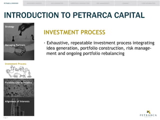 PETRARCA OVERVIEW

INVESTMENT PROCESS

IDEA GENERATION

PORTFOLIO CONSTRUCTION

RISK MANAGEMENT

SUMMARY

FUND INFORMATION

INTRODUCTION TO PETRARCA CAPITAL
Strategy

INVESTMENT PROCESS
Managing Partners

Investment Process

Portfolio Characteristics

Alignment of Interests

Page #

idea generation, portfolio construction, risk management and ongoing portfolio rebalancing

 