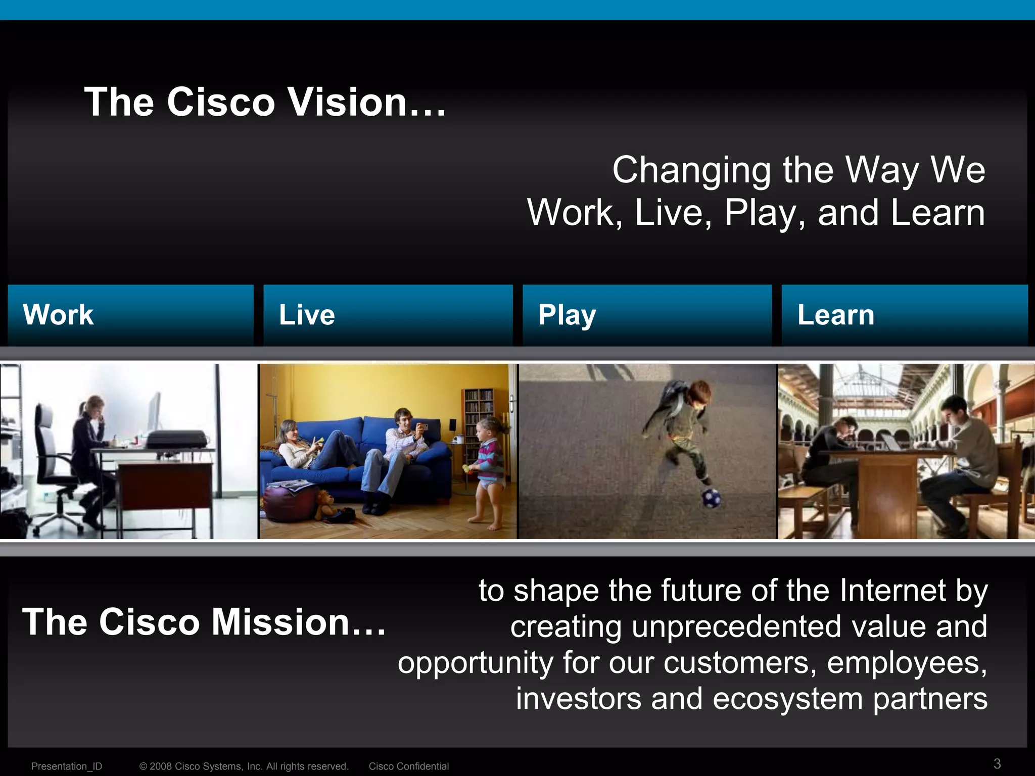 The Cisco Vision…
                                                                                             Changing the Way We
                                                                                         Work, Live, Play, and Learn

Work                                             Live                                    Play           Learn




                        to shape the future of the Internet by
The Cisco Mission…         creating unprecedented value and
                   opportunity for our customers, employees,
                           investors and ecosystem partners
Presentation_ID   © 2008 Cisco Systems, Inc. All rights reserved.   Cisco Confidential                                 3
 