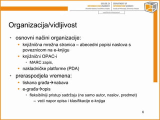 Organizacija/vidljivost 
• osnovni načini organizacije: 
 knjižnična mrežna stranica – abecedni popisi naslova s 
poveznicom na e-knjigu 
 knjižnični OPAC-i 
• MARC zapis, 
 nakladničke platforme (PDA) 
• preraspodjela vremena: 
 tiskana građanabava 
 e-građaopis 
• fleksibilniji pristup sadržaju (ne samo autor, naslov, predmet) 
– veći napor opisa i klasifikacije e-knjiga 
6 
 
