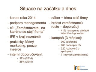 - konec roku 2014
- podpora managementu
- cíl: „Zaměstnavatel, na
kterého se stojí fronta“
- IFE v kraji neznámé
- praktic...