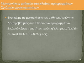  Σχετικϊ με τισ μετακινόςεισ των μαθητών/τριών τησ
Δευτεροβϊθμιασ ςτο πλαύςιο των προγραμμϊτων
Σχολικών Δραςτηριοτότων ιςχϑει η Υ.Α. 33120/ΓΔ4/28-
02-2017( ΦΕΚ τ. Β΄681/6-3-2017)
14
 