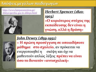 Herbert Spencer (1820-
1903)
«Ο κυριότεροσ ςτόχοσ τησ
εκπαύδευςησ δεν εύναι η
γνώςη, αλλϊ η δρϊςη»
John Dewey (1859-1952)
« Η πρώτη προςϋγγιςη ςε οποιοδόποτε
μϊθημα ςτο ςχολεύο, αν πρϐκειται να
ενεργοποιηθεύ η ςκϋψη και ϐχι να
μαθευτοϑν απλώσ λϋξεισ πρϋπει να εύναι
όςο το δυνατόν «αντιςχολικό»
34
http://www.kpeparanestiou.gr/
diktyo/genika-gia-to-diktyo.html
 