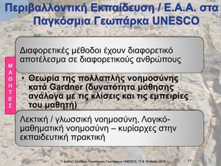 1ο Διεθνές Συνέδριο Παγκόσμιων Γεωπάρκων UNESCO, 17 & 18 Mαϊου 2018 17
Διαφορετικές μέθοδοι έχουν διαφορετικό
αποτέλεσμα σε διαφορετικούς ανθρώπους
• Θεωρία της πολλαπλής νοημοσύνης
κατά Gardner (δυνατότητα μάθησης
ανάλογα με τις κλίσεις και τις εμπειρίες
του μαθητή)
Λεκτική / γλωσσική νοημοσύνη, Λογικό-
μαθηματική νοημοσύνη – κυρίαρχες στην
εκπαιδευτική πρακτική
Μ
Α
Θ
Η
Τ
Ε
Σ
 