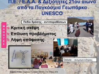  Κριτική σκέψη
 Επίλυση προβλήματος
 Λήψη απόφασης
1ο Διεθνές Συνέδριο Παγκόσμιων Γεωπάρκων UNESCO, 17 & 18 Ma:ϊου 2018 19
Debate – ανεμογεννήτριες
Πεδίο δράσης - αντιπαραθέσεων
Μ
Α
Θ
Η
Τ
Ε
Σ
 