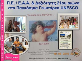1ο Διεθνές Συνέδριο Παγκόσμιων Γεωπάρκων UNESCO, 17 & 18 Mαϊου 2018 30
Π
Ο
Ι
Κ
Ι
Λ
Ι
Α
Δ
Ι
Δ
Α
Κ
Τ
Ι
Κ
Ω
Ν
Τ
Ε
Χ
Ν
Ι
Κ
Ω
Ν Εργαστήρια
 
