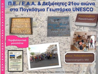 1ο Διεθνές Συνέδριο Παγκόσμιων Γεωπάρκων UNESCO, 17 & 18 Mαϊου 2018 31
Π
Ο
Ι
Κ
Ι
Λ
Ι
Α
Δ
Ι
Δ
Α
Κ
Τ
Ι
Κ
Ω
Ν
Τ
Ε
Χ
Ν
Ι
Κ
Ω
Ν
Περιβαλλοντικά
μονοπάτια
 