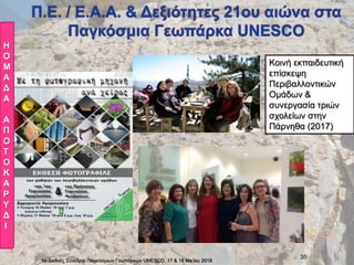 1ο Διεθνές Συνέδριο Παγκόσμιων Γεωπάρκων UNESCO, 17 & 18 Ma:ϊου 2018
35
Κοινή εκπαιδευτική
επίσκεψη
Περιβαλλοντικών
Ομάδων &
συνεργασία τριών
σχολείων στην
Πάρνηθα (2017)
Η
Ο
Μ
Α
Δ
Α
Α
Π
Ο
Τ
Ο
Κ
Α
Ρ
Υ
Δ
Ι
 