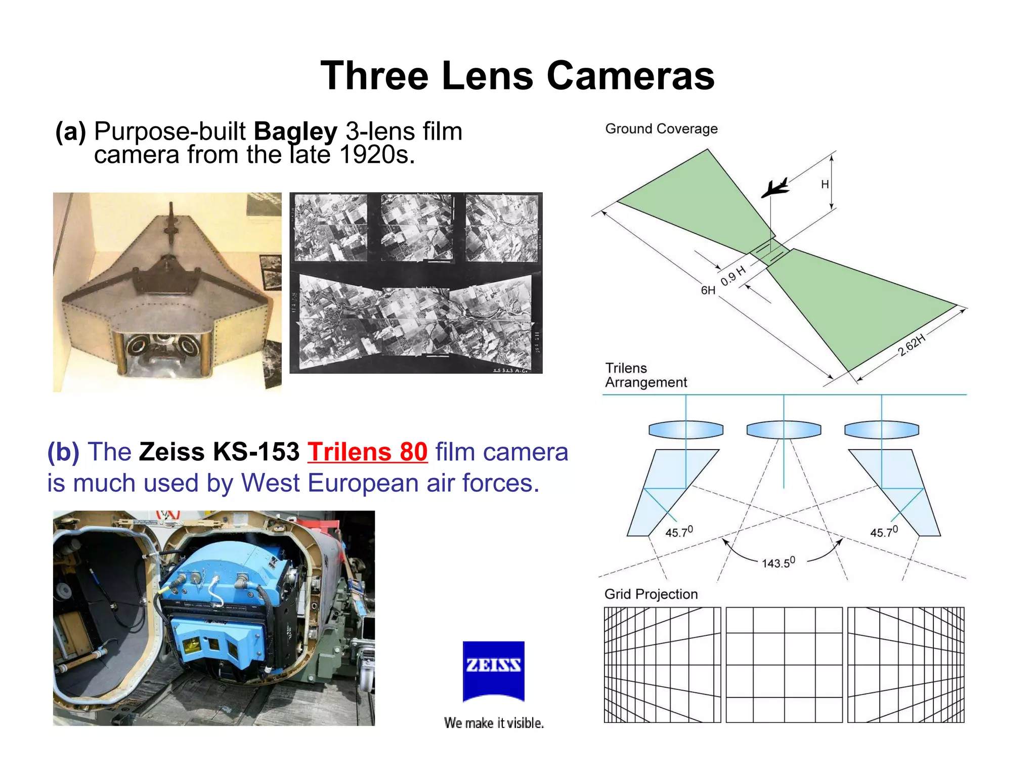 Three Lens Cameras (a)  Purpose-built  Bagley  3-lens film  camera from the late 1920s. (b)  The  Zeiss KS-153   Trilens 80  film camera is much used by West European air forces. 
