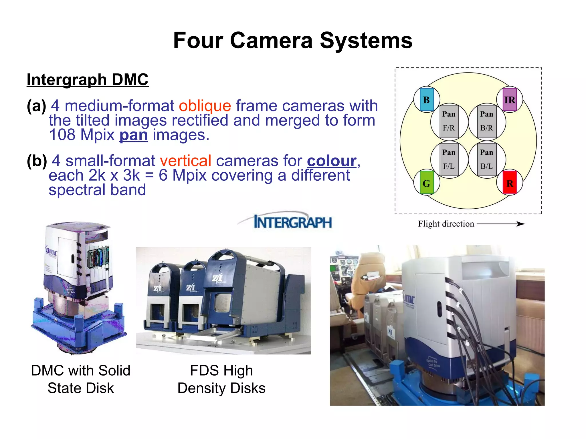 Four Camera Systems Intergraph DMC (a)   4 medium-format  oblique   frame cameras with the tilted images rectified and merged to form 108 Mpix  pan  images. (b)   4 small-format   vertical   cameras for  colour , each 2k x 3k = 6 Mpix covering a different spectral band FDS High Density Disks DMC with Solid State Disk 