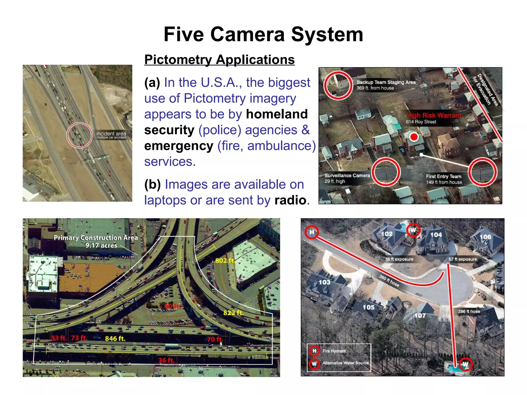 Five Camera System Pictometry Applications (a)  In the U.S.A., the biggest use of Pictometry imagery appears to be by  homeland security  (police) agencies &  emergency   (fire, ambulance) services. (b)  Images are available on laptops or are sent by  radio . 