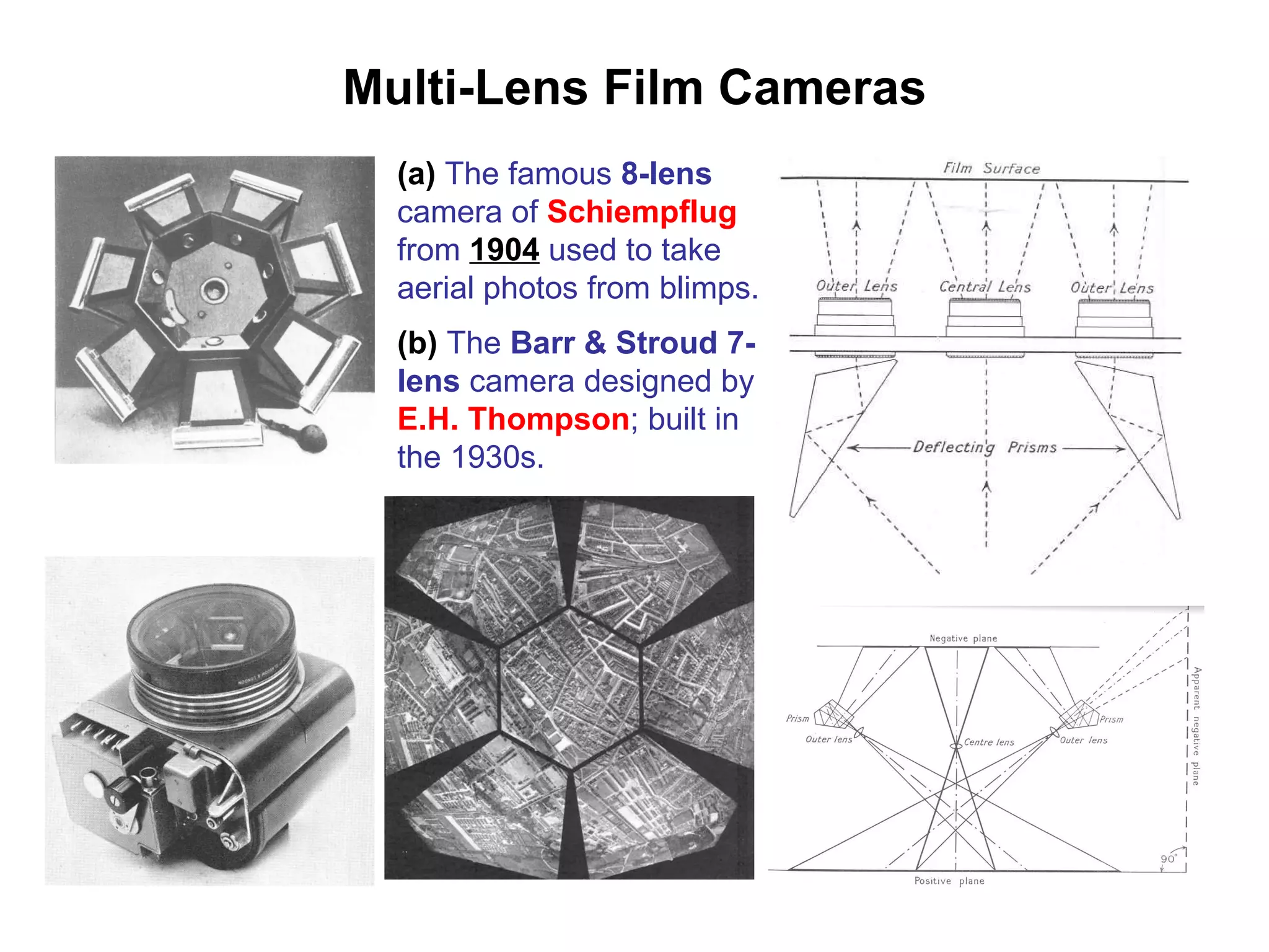 Multi-Lens Film Cameras (a)  The famous  8-lens  camera of  Schiempflug  from  1904  used to take aerial photos from blimps. (b)  The  Barr & Stroud 7-lens  camera designed by  E.H. Thompson ; built in the 1930s.   