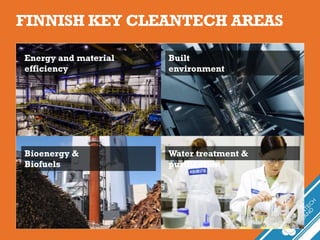 FINNISH KEY CLEANTECH AREAS
Energy and material
efficiency
Bioenergy &
Biofuels
Water treatment &
purification
Built
environment