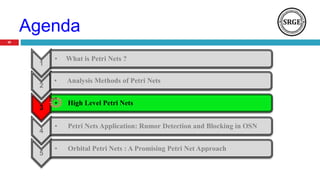 Agenda
30
1
• What is Petri Nets ?
2
• Analysis Methods of Petri Nets
3
• High Level Petri Nets
4
• Petri Nets Application: Rumor Detection and Blocking in OSN
5
• Orbital Petri Nets : A Promising Petri Net Approach
 