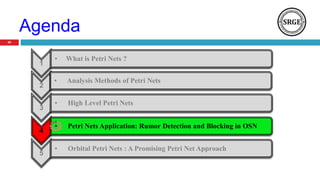 Agenda
40
1
• What is Petri Nets ?
2
• Analysis Methods of Petri Nets
3
• High Level Petri Nets
4
• Petri Nets Application: Rumor Detection and Blocking in OSN
5
• Orbital Petri Nets : A Promising Petri Net Approach
 