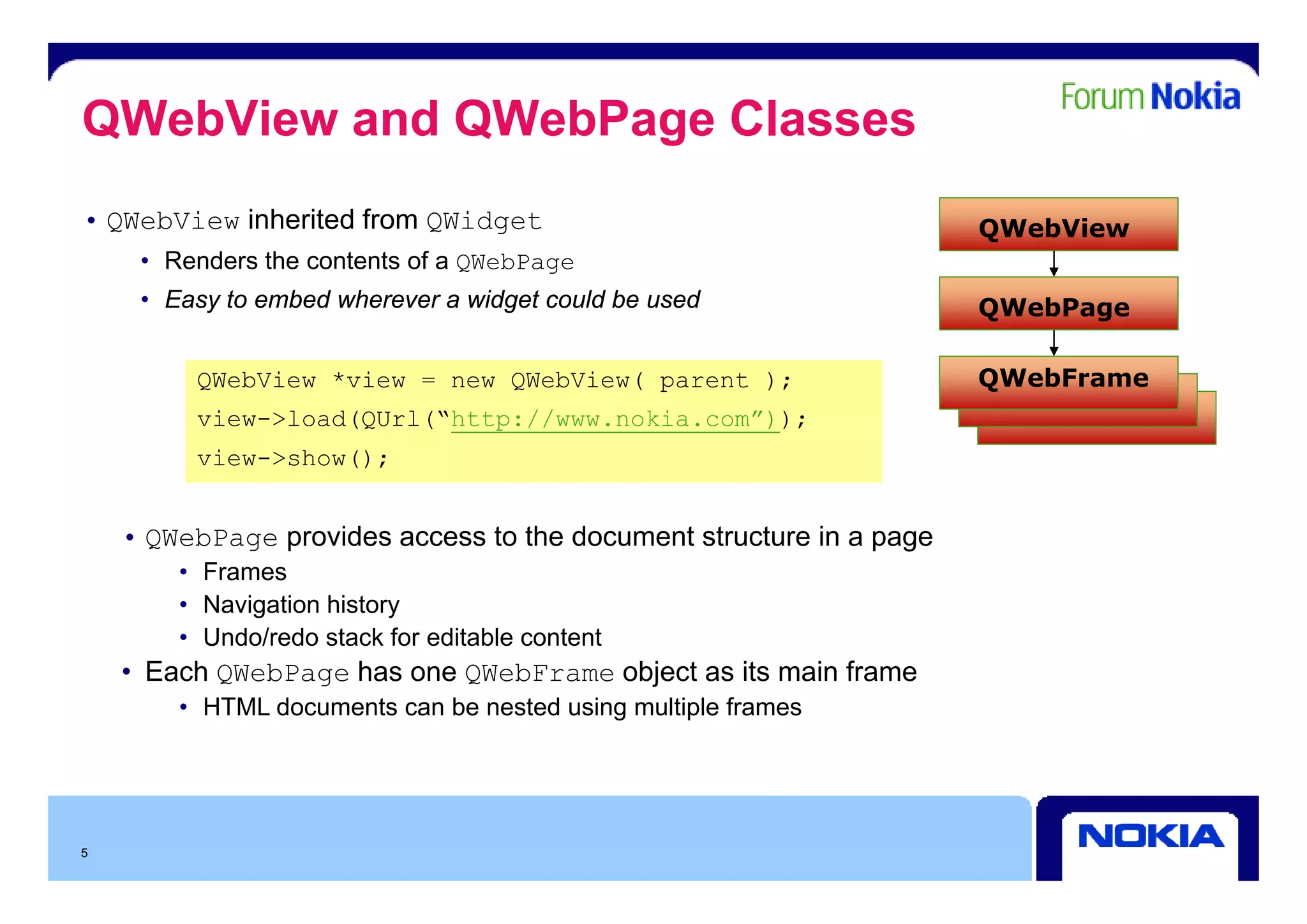 QWebView and QWebPage Classes
• QWebView inherited from QWidget                                    QWebView
     • R d
       Renders th contents of a QWebPage
               the   t t f
     • Easy to embed wherever a widget could be used                 QWebPage

         QWebView *view = new QWebView( parent );                    QWebFrame
         view->load(QUrl(“http://www.nokia.com”));
         view >show();
         view->show();


    • QWebPage provides access to the document structure in a page
        • F
          Frames
        • Navigation history
        • Undo/redo stack for editable content
    • Each QWebPage has one QWebFrame object as its main frame
        • HTML documents can be nested using multiple frames




5
 
