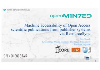 1
twitter.com/openminted_eu
Petr Knoth
Knowledge Media institute, The Open University
United Kingdom
Machine accessibility of Open Access
scientific publications from publisher systems
via ResourceSync
 