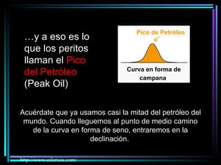 … y a eso es lo que los peritos llaman el  Pico del Petróleo  (Peak Oil)   http://www.oilcrisis.com/ Acuérdate que ya usamos casi la mitad del petróleo del mundo. Cuando lleguemos al punto de medio camino de la curva en forma de seno, entraremos en la declinación.   Pico de Petróleo   Curva en forma de campana   
