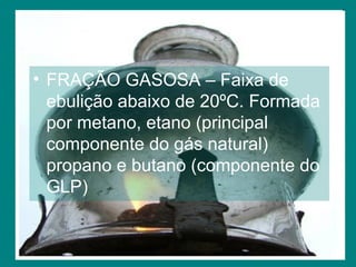 FRAÇÃO GASOSA – Faixa de ebulição abaixo de 20ºC. Formada por metano, etano (principal componente do gás natural) propano e butano (componente do GLP) 