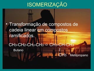 ISOMERIZAÇÃO Transformação de compostos de cadeia linear em compostos ramificados. CH 3 -CH 2 -CH 2 -CH 3    CH 3 -CH-CH 3 Butano   l CH 3  Metilpropano 