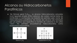 Alcanos ou Hidrocarbonetos
Parafínicos
 De fórmula geral CnH2n-2, os alcanos hidrocarbonetos saturados
(com ligações simples entre carbono), de cadeia normal (reta) ou
ramificada, e conhecidos na indústria do petróleo pelo nome de
hidrocarbonetos parafínicos. Os nomes dos alcanos são formados
por um prefixo( que específica o número de carbono) e do sufixo
“ano”. No petróleo encontram-se hidrocarbonetos como
isoalcanos e isoparafinas.
Etano-C₂H₆ Isopentano-C₅H₁₂
 