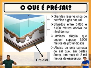 O QUE É PRÉ-SAL?
Pré-Sal
➢Grandes reservatórios de
petróleo e gás natural
➢Situados entre 5.000 e
7.000 metros abaixo do
nível do mar
➢Lâminas d'água que
podem superar 2.000
metros de profundidade
➢ Abaixo de uma camada
de sal que, em certas
áreas, tem mais de 2 mil
metros de espessura.
 