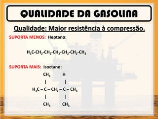 QUALIDADE DA GASOLINA
Qualidade: Maior resistência à compressão.
SUPORTA MENOS: Heptano:
H3C-CH2-CH2-CH2-CH2-CH2-CH3
SUPORTA MAIS: Isoctano:
CH3 H
| |
H3C – C – CH2 – C – CH3
| |
CH3 CH3
 