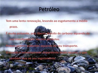 PetróleoTem uma lenta renovação, levando ao esgotamento a médio prazo.É muito poluente, pois liberta dióxido de carbono aquando da sua transformação noutros produtos. Podem ocorrer acidentes aquando do seu transporte.O mundo é extremamente dependente deste recurso, o que também leva ao seu esgotamento.