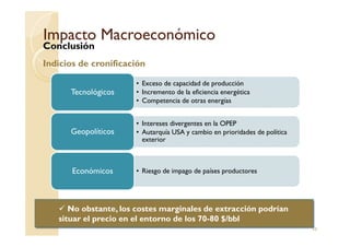 Impacto MacroeconómicoImpacto Macroeconómico
Conclusión
Indicios de cronificación
• Exceso de capacidad de producción
• Incremento de la eficiencia energética
• Competencia de otras energías
Tecnológicos
• Intereses divergentes en la OPEP
56
No obstante, los costes marginales de extracción podrían
situar el precio en el entorno de los 70-80 $/bbl
• Intereses divergentes en la OPEP
• Autarquía USA y cambio en prioridades de política
exterior
Geopolíticos
• Riesgo de impago de países productoresEconómicos
 