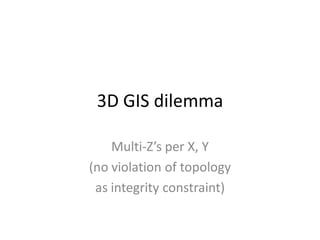 3D GIS dilemma

    Multi-Z’s per X, Y
(no violation of topology
 as integrity constraint)
 