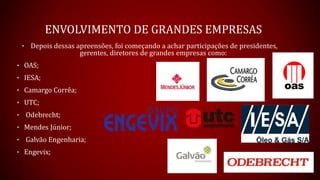 ENVOLVIMENTO DE GRANDES EMPRESAS
• Depois dessas apreensões, foi começando a achar participações de presidentes,
gerentes, diretores de grandes empresas como:
• OAS;
• IESA;
• Camargo Corrêa;
• UTC;
• Odebrecht;
• Mendes Júnior;
• Galvão Engenharia;
• Engevix;
 