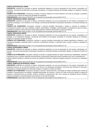 CARGO: ESTATÍSTICO(A) JÚNIOR
REQUISITOS: certificado de conclusão ou diploma, devidamente registrado, de curso de graduação de nível superior, bacharelado, em
Estatística, reconhecido pelo Ministério da Educação, Secretarias ou Conselhos Estaduais de Educação. Registro no respectivo Conselho
de Classe.
EXEMPLO DE ATRIBUIÇÕES: acompanhar, participar e executar trabalhos de controle estatístico nas áreas de produção e qualidade,
contribuindo para aumento da eficácia das atividades da Companhia.
REMUNERAÇÃO: salário básico de R$ 3.821,16 com garantia de remuneração mínima de R$ 5.770,31.
CARGO: GEOFÍSICO(A) JÚNIOR - GEOLOGIA
REQUISITOS: certificado de conclusão ou diploma, devidamente registrado, de curso de graduação de nível superior, bacharelado, em
Engenharia Geológica, ou em Geofísica ou em Geologia, reconhecido pelo Ministério da Educação, Secretarias ou Conselhos Estaduais de
Educação.
EXEMPLO DE ATRIBUIÇÕES: acompanhar, participar e executar atividades relacionadas a projetos e contratos de aquisição e
processamento geofísico, tais como avaliações, análises, interpretações, modelagem, parametrizações e atualização de banco de dados,
atividades de pesquisa e desenvolvimento de tecnologia geofísica e trabalhos relacionados ao cálculo de reservas.
REMUNERAÇÃO: salário básico de R$ 4.117,07 com garantia de remuneração mínima de R$ 6.217,19.
CARGO: GEÓLOGO(A) JÚNIOR
REQUISITOS: certificado de conclusão ou diploma, devidamente registrado, de curso de graduação de nível superior, bacharelado, em
Geologia ou em Engenharia Geológica, reconhecido pelo Ministério da Educação, Secretarias ou Conselhos Estaduais de Educação.
Registro no respectivo Conselho de Classe.
EXEMPLO DE ATRIBUIÇÕES: acompanhar, participar e executar atividades relacionadas aos projetos exploratórios, efetuando o seu
mapeamento geológico, analisando dados e potenciais, quantificando incertezas e analisando riscos, visando a garantir a qualidade do
processo.
REMUNERAÇÃO: salário básico de R$ 4.117,07 com garantia de remuneração mínima de R$ 6.217,19.
CARGO: NUTRICIONISTA JÚNIOR
REQUISITOS: certificado de conclusão ou diploma, devidamente registrado, de curso de graduação de nível superior, bacharelado, em
Nutrição, reconhecido pelo Ministério da Educação, Secretarias ou Conselhos Estaduais de Educação. Registro no respectivo Conselho de
Classe.
EXEMPLO DE ATRIBUIÇÕES: acompanhar, participar e executar a avaliação periódica do estado nutricional dos trabalhadores, realizando
atendimento clínico e exames, efetuando encaminhamento e prescrevendo tratamentos quando necessário, bem como a implantação de
padrões higiênico-sanitários e métodos de controle de qualidade de alimentos, realizando inspeções periódicas, de acordo com a legislação
vigente.
REMUNERAÇÃO: salário básico de R$ 3.821,16 com garantia de remuneração mínima de R$ 5.770,31.
CARGO: QUÍMICO(A) DE PETRÓLEO JÚNIOR
REQUISITOS: certificado de conclusão ou diploma, devidamente registrado, de curso de graduação de nível superior, bacharelado, em
Engenharia Química, ou em Química Industrial ou em Química com atribuições tecnológicas, reconhecido pelo Ministério da Educação,
Secretarias ou Conselhos Estaduais de Educação. Registro no respectivo Conselho de Classe.
EXEMPLO DE ATRIBUIÇÕES: acompanhar, participar e executar o desenvolvimento e otimização de métodos analíticos para controle de
qualidade, acompanhamento de produção, avaliação/caracterização de produtos e insumos, em toda sua área de trabalho e projetos de
pesquisa e desenvolvimento de materiais, produtos, processos e equipamentos, bem como serviços de assistência técnico científica,
visando à otimização e ao aperfeiçoamento dos processos na sua área de atuação.
REMUNERAÇÃO: salário básico de R$ 4.117,07 com garantia de remuneração mínima de R$ 6.217,19.




                                                                   28 
 