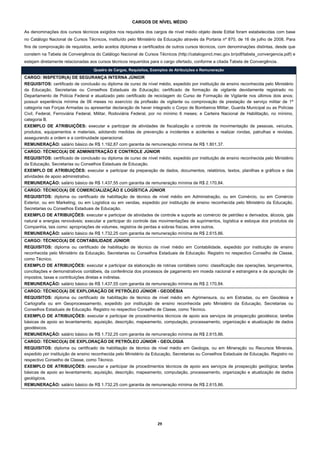CARGOS DE NÍVEL MÉDIO

As denominações dos cursos técnicos exigidos nos requisitos dos cargos de nível médio objeto deste Edital foram estabelecidas com base
no Catálogo Nacional de Cursos Técnicos, instituído pelo Ministério da Educação através da Portaria nº 870, de 16 de julho de 2008. Para
fins de comprovação de requisitos, serão aceitos diplomas e certificados de outros cursos técnicos, com denominações distintas, desde que
constem na Tabela de Convergência do Catálogo Nacional de Cursos Técnicos (http://catalogonct.mec.gov.br/pdf/tabela_convergencia.pdf) e
estejam diretamente relacionadas aos cursos técnicos requeridos para o cargo ofertado, conforme a citada Tabela de Convergência.
                                   Quadro de Cargos, Requisitos, Exemplos de Atribuições e Remuneração
CARGO: INSPETOR(A) DE SEGURANÇA INTERNA JÚNIOR
REQUISITOS: certificado de conclusão ou diploma de curso de nível médio, expedido por instituição de ensino reconhecida pelo Ministério
da Educação, Secretarias ou Conselhos Estaduais de Educação; certificado de formação de vigilante devidamente registrado no
Departamento de Polícia Federal e atualizado pelo certificado de reciclagem do Curso de Formação de Vigilante nos últimos dois anos;
possuir experiência mínima de 06 meses no exercício da profissão de vigilante ou comprovação de prestação de serviço militar de 1ª
categoria nas Forças Armadas ou apresentar declaração de haver integrado o Corpo de Bombeiros Militar, Guarda Municipal ou as Polícias
Civil, Federal, Ferroviária Federal, Militar, Rodoviária Federal, por no mínimo 6 meses; e Carteira Nacional de Habilitação, no mínimo,
categoria B.
EXEMPLO DE ATRIBUIÇÕES: executar e participar de atividades de fiscalização e controle da movimentação de pessoas, veículos,
produtos, equipamentos e materiais, adotando medidas de prevenção a incidentes e acidentes e realizar rondas, patrulhas e revistas,
assegurando a ordem e a continuidade operacional.
REMUNERAÇÃO: salário básico de R$ 1.192,87 com garantia de remuneração mínima de R$ 1.801,37.
CARGO: TÉCNICO(A) DE ADMINISTRAÇÃO E CONTROLE JÚNIOR
REQUISITOS: certificado de conclusão ou diploma de curso de nível médio, expedido por instituição de ensino reconhecida pelo Ministério
da Educação, Secretarias ou Conselhos Estaduais de Educação.
EXEMPLO DE ATRIBUIÇÕES: executar e participar da preparação de dados, documentos, relatórios, textos, planilhas e gráficos e das
atividades de apoio administrativo.
REMUNERAÇÃO: salário básico de R$ 1.437,55 com garantia de remuneração mínima de R$ 2.170,84.
CARGO: TÉCNICO(A) DE COMERCIALIZAÇÃO E LOGÍSTICA JÚNIOR
REQUISITOS: diploma ou certificado de habilitação de técnico de nível médio em Administração, ou em Comércio, ou em Comércio
Exterior, ou em Marketing, ou em Logística ou em vendas, expedido por instituição de ensino reconhecida pelo Ministério da Educação,
Secretarias ou Conselhos Estaduais de Educação.
EXEMPLO DE ATRIBUIÇÕES: executar e participar de atividades de controle e suporte ao comércio de petróleo e derivados, álcoois, gás
natural e energias renováveis; executar e participar do controle das movimentações de suprimentos, logística e estoque dos produtos da
Companhia, tais como: apropriações de volumes, registros de perdas e sobras físicas, entre outros.
REMUNERAÇÃO: salário básico de R$ 1.732,25 com garantia de remuneração mínima de R$ 2.615,86.
CARGO: TÉCNICO(A) DE CONTABILIDADE JÚNIOR
REQUISITOS: diploma ou certificado de habilitação de técnico de nível médio em Contabilidade, expedido por instituição de ensino
reconhecida pelo Ministério da Educação, Secretarias ou Conselhos Estaduais de Educação. Registro no respectivo Conselho de Classe,
como Técnico.
EXEMPLO DE ATRIBUIÇÕES: executar e participar da elaboração de rotinas contábeis como: classificação das operações, lançamentos,
conciliações e demonstrativos contábeis, da conferência dos processos de pagamento em moeda nacional e estrangeira e da apuração de
impostos, taxas e contribuições diretas e indiretas.
REMUNERAÇÃO: salário básico de R$ 1.437,55 com garantia de remuneração mínima de R$ 2.170,84.
CARGO: TÉCNICO(A) DE EXPLORAÇÃO DE PETRÓLEO JÚNIOR - GEODÉSIA
REQUISITOS: diploma ou certificado de habilitação de técnico de nível médio em Agrimensura, ou em Estradas, ou em Geodésia e
Cartografia ou em Geoprocessamento, expedido por instituição de ensino reconhecida pelo Ministério da Educação, Secretarias ou
Conselhos Estaduais de Educação. Registro no respectivo Conselho de Classe, como Técnico.
EXEMPLO DE ATRIBUIÇÕES: executar e participar de procedimentos técnicos de apoio aos serviços de prospecção geodésica; tarefas
básicas de apoio ao levantamento, aquisição, descrição, mapeamento, computação, processamento, organização e atualização de dados
geodésicos.
REMUNERAÇÃO: salário básico de R$ 1.732,25 com garantia de remuneração mínima de R$ 2.615,86.
CARGO: TÉCNICO(A) DE EXPLORAÇÃO DE PETRÓLEO JÚNIOR - GEOLOGIA
REQUISITOS: diploma ou certificado de habilitação de técnico de nível médio em Geologia, ou em Mineração ou Recursos Minerais,
expedido por instituição de ensino reconhecida pelo Ministério da Educação, Secretarias ou Conselhos Estaduais de Educação. Registro no
respectivo Conselho de Classe, como Técnico.
EXEMPLO DE ATRIBUIÇÕES: executar e participar de procedimentos técnicos de apoio aos serviços de prospecção geológica; tarefas
básicas de apoio ao levantamento, aquisição, descrição, mapeamento, computação, processamento, organização e atualização de dados
geológicos.
REMUNERAÇÃO: salário básico de R$ 1.732,25 com garantia de remuneração mínima de R$ 2.615,86.




                                                                   29 
 