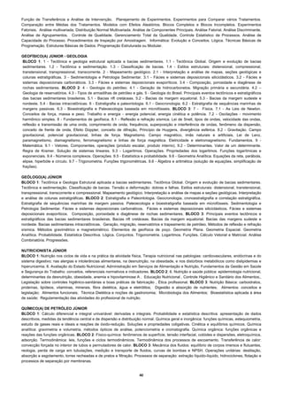 Função de Transferência e Análise de Intervenção. Planejamento de Experimentos. Experimentos para Comparar vários Tratamentos.
Comparação entre Médias dos Tratamentos. Modelos com Efeitos Aleatórios. Blocos Completos e Blocos Incompletos. Experimentos
Fatoriais. Análise multivariada. Distribuição Normal Multivariada. Análise de Componentes Principais. Análise Fatorial. Análise Discriminante.
Análise de Agrupamentos. Controle de Qualidade. Gerenciamento Total da Qualidade. Controle Estatístico de Processos. Análise de
Capacidade do Processo. Procedimentos de Inspeção por Amostragem. Informática: Evolução e Conceitos. Lógica. Técnicas Básicas de
Programação. Estruturas Básicas de Dados. Programação Estruturada ou Modular.

GEOFÍSICO(A) JÚNIOR - GEOLOGIA
BLOCO 1: 1 - Tectônica e geologia estrutural aplicada a bacias sedimentares. 1.1 - Tectônica Global. Origem e evolução de bacias
sedimentares. 1.2 - Tectônica e sedimentação. 1.3 - Classificação de bacias. 1.4 - Estilos estruturais: distensional, compressional,
transtensional, transpressional, transcorrente. 2 - Mapeamento geológico. 2.1 - Interpretação e análise de mapas, seções geológicas e
colunas estratigráficas. 3 - Sedimentologia e Petrologia Sedimentar. 3.1 - Fácies e sistemas deposicionais siliciclásticos. 3.2 - Fácies e
sistemas deposicionais carbonáticos. 3.3 - Fácies e sistemas deposicionais evaporíticos. 3.4 - Composição, porosidade e diagênese de
rochas sedimentares. BLOCO 2: 4 - Geologia do petróleo. 4.1 - Geração de hidrocarbonetos. Migração primária e secundária. 4.2 –
Geologia de reservatórios. 4.3 - Tipos de armadilhas de petróleo e gás. 5 - Geologia do Brasil. Principais eventos tectônicos e estratigráficos
das bacias sedimentares brasileiras. 5.1 - Bacias rift cretáceas. 5.2 - Bacias da margem equatorial. 5.3 - Bacias da margem sudeste e
nordeste. 5.4 - Bacias intracratônicas. 6 - Estratigrafia e paleontologia. 6.1 - Geocronologia. 6.2 - Estratigrafia de sequências marinhas de
margens passivas. 6.3 - Bioestratigrafia e Paleoecologia baseada em microfósseis. BLOCO 3: 7 - Física. 7.1 - As Leis de Newton.
Conceitos de força, massa e peso. Trabalho e energia - energia potencial, energia cinética e potência. 7.2 - Oscilações - movimento
harmônico simples. 8 - Fundamentos de geofísica. 8.1 - Reflexão e refração sísmica. Lei de Snell, tipos de ondas, velocidade das ondas,
reflexão e transmissão de uma onda, comprimento de onda, frequência, superposição e interferência de ondas, fenômeno da dispersão,
conceito de frente de onda, Efeito Doppler, conceito de difração, Princípio de Huygens, divergência esférica. 8.2 - Gravitação. Campo
gravitacional, potencial gravitacional, linhas de força. Magnetismo. Campo magnético, imãs naturais e artificiais, Lei de Lenz,
paramagnetismo, diamagnetismo, ferromagnetismo e linhas de força magnética. Eletricidade e eletromagnetismo. Fundamentos. 9 -
Matemática. 9.1 - Vetores. Componentes, operações (produto escalar, produto interno). 9.2 - Determinantes. Valor de um determinante.
Regra de Kramer. Solução de sistemas lineares. 9.3 - Logaritmos. Operações. Propriedades dos logaritmos. Funções logarítmicas e
exponenciais. 9.4 - Números complexos. Operações. 9.5 - Estatística e probabilidade. 9.6 - Geometria Analítica. Equações da reta, parábola,
elipse, hiperbóle e círculo. 9.7 - Trigonometria. Funções trigonométricas. 9.8 - Álgebra e aritmética (solução de equações, simplificação de
frações).

GEÓLOGO(A) JÚNIOR
BLOCO 1: Tectônica e Geologia Estrutural aplicada a bacias sedimentares. Tectônica Global. Origem e evolução de bacias sedimentares.
Tectônica e sedimentação. Classificação de bacias. Tensão e deformação: dobras e falhas. Estilos estruturais: distensional, transtensional,
transpressional, transcorrente e compressional. Mapeamento geológico. Interpretação e análise de mapas e seções geológicas. Interpretação
e análise de colunas estratigráficas. BLOCO 2: Estratigrafia e Paleontologia. Geocronologia, cronoestratigrafia e correlação estratigráfica.
Estratigrafia de sequências marinhas de margem passiva. Paleoecologia e bioestratigrafia baseada em microfósseis. Sedimentologia e
Petrologia Sedimentar. Fácies e sistemas deposicionais carbonáticos. Fácies e sistemas deposicionais siliciclásticos. Fácies e sistemas
deposicionais evaporíticos. Composição, porosidade e diagênese de rochas sedimentares. BLOCO 3: Principais eventos tectônicos e
estratigráficos das bacias sedimentares brasileiras. Bacias rift cretáceas. Bacias da margem equatorial. Bacias das margens sudeste e
nordeste. Bacias sedimentares intracratônicas. Geração, migração, reservatórios e trapeamento de petróleo. Métodos de reflexão e refração
sísmica. Métodos gravimétrico e magnetométrico. Elementos de geofísica de poço. Geometria Plana. Geometria Espacial. Geometria
Analítica. Probabilidade. Estatística Descritiva. Lógica. Conjuntos. Trigonometria. Logaritmos. Funções. Cálculo Vetorial e Matricial. Análise
Combinatória. Progressões.

NUTRICIONISTA JÚNIOR
BLOCO 1: Nutrição nos ciclos de vida e na prática da atividade física, Terapia nutricional nas patologias: cardiovasculares, endócrinas e do
sistema digestivo; nas alergias e intolerâncias alimentares, na desnutrição, na obesidade, e nos distúrbios metabólicos como dislipidemias e
hiperuricemia; 8. Avaliação do Estado Nutricional; Administração em Serviços de Alimentação e Nutrição, Fundamentos da Gestão em Saúde
e Segurança do Trabalho: conceitos, referenciais normativos e indicadores. BLOCO 2: 6. Nutrição e saúde pública: epidemiologia nutricional,
determinantes da desnutrição, obesidade, anemia e hipovitaminose A , Educação Nutricional , Controle Higiênico e Sanitário dos Alimentos;,
Legislação sobre controles higiênico-sanitárias e boas práticas de fabricação , Ética profissional. BLOCO 3: Nutrição Básica: carboidratos,
proteínas, lipídeos, vitaminas, minerais, fibra dietética, água e eletrólitos; Digestão e absorção de nutrientes; Alimentos: conceitos e
legislação; Alimentos funcionais; Técnica Dietética e noções de gastronomia; Microbiologia dos Alimentos; Bioestatística aplicada à área
de saúde; Regulamentação das atividades do profissional de nutrição.

QUÍMICO(A) DE PETRÓLEO JÚNIOR
BLOCO 1: Cálculo diferencial e integral univariável: derivadas e integrais. Probabilidade e estatística descritiva: apresentação de dados
descritivos, medidas da tendência central e de dispersão e distribuição normal. Química geral e inorgânica: funções químicas, estequiometria,
estudo de gases reais e ideais e reações de óxido-redução. Soluções e propriedades coligativas. Cinética e equilíbrios químicos. Química
analítica: gravimetria e volumetria, métodos ópticos de análise, potenciometria e cromatografia. Química orgânica: funções orgânicas e
reações das funções orgânicas. BLOCO 2: Físico-química: fenômenos de superfície, tensão interfacial, colóides e dispersões, eletroquímica,
adsorção. Termodinâmica: leis, funções e ciclos termodinâmicos. Termodinâmica dos processos de escoamento. Transferência de calor:
convecção forçada no interior de tubos e permutadores de calor. BLOCO 3: Mecânica dos fluidos: equilíbrio de corpos imersos e flutuantes,
reologia, perda de carga em tubulações, medição e transporte de fluidos, curvas de bombas e NPSH. Operações unitárias: destilação,
absorção e esgotamento, torres recheadas e de pratos e filtração. Processos de separação: extração líquido-líquido, hidrociclones, flotação e
processos de separação por membranas.


                                                                      40 
 