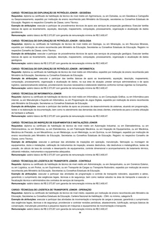 26 
CARGO: TÉCNICO(A) DE EXPLORAÇÃO DE PETRÓLEO JÚNIOR - GEODÉSIA 
Requisitos: diploma ou certificado de habilitação de técnico de nível médio em Agrimensura, ou em Estradas, ou em Geodésia e Cartografia ou Geoprocessamento, expedido por instituição de ensino reconhecida pelo Ministério da Educação, secretarias ou Conselhos Estaduais de Educação. Registro no respectivo Conselho de Classe, como Técnico. 
Exemplo de atribuições: executar e participar de procedimentos técnicos de apoio aos serviços de prospecção geodésica. Executar tarefas básicas de apoio ao levantamento, aquisição, descrição, mapeamento, computação, processamento, organização e atualização de dados geodésicos. 
Remuneração: salário básico de R$ 2.073,87 com garantia de remuneração mínima de R$ 3.400,47. 
CARGO: TÉCNICO(A) DE EXPLORAÇÃO DE PETRÓLEO JÚNIOR - GEOLOGIA 
Requisitos: diploma ou certificado de habilitação de técnico de nível médio em Geologia, ou em Mineração, ou em Recursos Minerais, expedido por instituição de ensino reconhecida pelo Ministério da Educação, Secretarias ou Conselhos Estaduais de Educação. Registro no respectivo Conselho de Classe, como Técnico. 
Exemplo de atribuições: executar e participar de procedimentos técnicos de apoio aos serviços de prospecção geológica. Executar tarefas básicas de apoio ao levantamento, aquisição, descrição, mapeamento, computação, processamento, organização e atualização de dados geológicos. 
Remuneração: salário básico de R$ 2.073,87 com garantia de remuneração mínima de R$ 3.400,47. 
CARGO: TÉCNICO(A) DE EXPLORAÇÃO DE PETRÓLEO JÚNIOR - INFORMÁTICA 
Requisito: diploma ou certificado de habilitação de técnico de nível médio em Informática, expedido por instituição de ensino reconhecida pelo Ministério da Educação, Secretarias ou Conselhos Estaduais de Educação. 
Exemplo de atribuições: executar e participar das tarefas básicas de apoio ao levantamento, aquisição, descrição, mapeamento, computação, processamento, organização e atualização de dados, na sua área de atuação; prestar serviços administrativos e de apoio logístico, operacionalizando sistemas, providenciando recursos necessários e elaborando relatórios conforme normas vigentes na Companhia. 
Remuneração: salário básico de R$ 2.073,87 com garantia de remuneração mínima de R$ 3.400,47. 
CARGO: TÉCNICO(A) DE INFORMÁTICA JÚNIOR 
Requisito: diploma ou certificado de habilitação de técnico de nível médio em Informática, ou em Computação Gráfica, ou em Informática para internet, ou em Manutenção e Suporte em Informática, ou em Programação de Jogos Digitais, expedido por instituição de ensino reconhecida pelo Ministério da Educação, Secretarias ou Conselhos Estaduais de Educação. 
Exemplo de atribuições: executar e participar das tarefas de apoio ao processo de desenvolvimento de sistemas, atuando em programação, testes e na elaboração da documentação, bem como no atendimento das demandas das áreas clientes, orientando-as para a correta utilização de hardware e software. 
Remuneração: salário básico de R$ 2.073,87 com garantia de remuneração mínima de R$ 3.400,47. 
CARGO: TÉCNICO(A) DE INSPEÇÃO DE EQUIPAMENTOS E INSTALAÇÕES JÚNIOR 
Requisitos: diploma ou certificado de habilitação de técnico de nível médio em Automação Industrial, ou em Eletroeletrônica, ou em Eletromecânica, ou em Eletrônica, ou em Eletrotécnica, ou em Fabricação Mecânica, ou em Inspeção de Equipamentos, ou em Mecânica, Mecânica de Precisão, ou em Mecatrônica, ou em Metalurgia, ou em Metrologia, ou em Química, ou em Soldagem, expedido por instituição de ensino reconhecida pelo Ministério da Educação, Secretarias ou Conselhos Estaduais de Educação. Registro no respectivo Conselho de Classe, como Técnico. 
Exemplo de atribuições: executar e participar das atividades de inspeções em operação, manutenção, fabricação ou montagem de equipamentos, dutos e instalações, calibração de instrumentos de inspeção, ensaios destrutivos, não destrutivos e metalográficos, testes de pressão, de cálculo de taxa de corrosão e desempenho de equipamentos, controle dimensional e acompanhamento de tratamento térmico, utilizando métodos, instrumentos e equipamentos adequados. 
Remuneração: salário básico de R$ 2.073,87 com garantia de remuneração mínima de R$ 3.400,47. 
CARGO: TÉCNICO(A) DE LOGÍSTICA DE TRANSPORTE JÚNIOR - CONTROLE 
Requisito: diploma ou certificado de habilitação de técnico de nível médio em Administração, ou em Aeroportuário, ou em Comércio Exterior, ou em Logística, ou em Portos, ou em Suprimento, ou em Transporte de Cargas ou Transporte Rodoviário, expedido por instituição de ensino reconhecida pelo Ministério da Educação, Secretarias ou Conselhos Estaduais de Educação. 
Exemplo de atribuições: executar e participar das atividades de programação e controle de transporte rodoviário, aquaviário e aéreo, garantindo o cumprimento das exigências legais, técnicas e de segurança, bem como realizar estudos na área de transporte e executar a fiscalização técnica e administrativa dos contratos de serviços de transporte. 
Remuneração: salário básico de R$ 2.073,87 com garantia de remuneração mínima de R$ 3.400,47. 
CARGO: TÉCNICO(A) DE LOGÍSTICA DE TRANSPORTE JÚNIOR - OPERAÇÃO 
Requisitos: diploma ou certificado de habilitação de técnico de nível médio, expedido por instituição de ensino reconhecida pelo Ministério da Educação, Secretarias ou Conselhos Estaduais de Educação. Carteira Nacional de Habilitação - CNH, no mínimo, categoria B. 
Exemplo de atribuições: executar e participar das atividades de movimentação e transporte de cargas e pessoas, garantindo o cumprimento das exigências legais, técnicas e de segurança; providenciar e controlar revisões periódicas, abastecimento, lubrificação, serviços básicos de conservação, manutenção preventiva e pequenos reparos em máquinas e equipamentos de movimentação e transporte. 
Remuneração: salário básico de R$ 2.073,87 com garantia de remuneração mínima de R$ 3.400,47.  