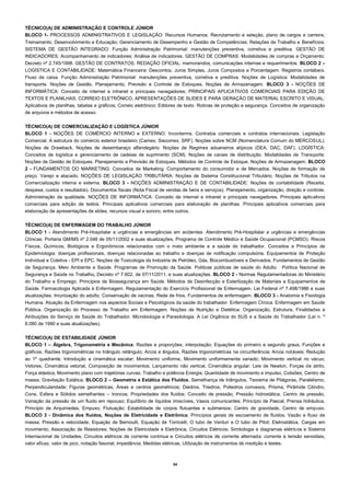 34 
TÉCNICO(A) DE ADMINISTRAÇÃO E CONTROLE JÚNIOR 
BLOCO 1- PROCESSOS ADMINISTRATIVOS E LEGISLAÇÃO: Recursos Humanos: Recrutamento e seleção, plano de cargos e carreira; Treinamento, Desenvolvimento e Educação; Gerenciamento de Desempenho e Gestão de Competências; Relações de Trabalho e Benefícios. SISTEMA DE GESTÃO INTEGRADO: Função Administração Patrimonial: manutenções preventiva, corretiva e preditiva. GESTÃO DE INDICADORES: Acompanhamento de indicadores; Análise de indicadores. GESTÃO DE COMPRAS: Modalidades de compras e Orçamento; Decreto nº 2.745/1998. GESTÃO DE CONTRATOS. REDAÇÃO OFICIAL: memorandos, comunicações internas e requerimentos. BLOCO 2 – LOGÍSTICA E CONTABILIDADE: Matemática Financeira: Descontos, Juros Simples, Juros Compostos e Porcentagem. Registros contábeis. Fluxo de caixa. Função Administração Patrimonial: manutenções preventiva, corretiva e preditiva. Noções de Logística: Modalidades de transporte. Noções de Gestão, Planejamento, Previsão e Controle de Estoques. Noções de Armazenagem. BLOCO 3 - NOÇÕES DE INFORMÁTICA: Conceito de internet e intranet e principais navegadores; PRINCIPAIS APLICATIVOS COMERCIAIS PARA EDIÇÃO DE TEXTOS E PLANILHAS, CORREIO ELETRÔNICO, APRESENTAÇÕES DE SLIDES E PARA GERAÇÃO DE MATERIAL ESCRITO E VISUAL: Aplicativos de planilhas, tabelas e gráficos; Correio eletrônico; Editores de texto. Rotinas de proteção e segurança. Conceitos de organização de arquivos e métodos de acesso. 
TÉCNICO(A) DE COMERCIALIZAÇÃO E LOGÍSTICA JÚNIOR 
BLOCO 1 - NOÇÕES DE COMÉRCIO INTERNO e EXTERNO: Inconterms. Contratos comerciais e contratos internacionais. Legislação Comercial. A estrutura do comércio exterior brasileiro (Camex, Siscomex, SRF). Noções sobre NCM (Nomenclatura Comum do MERCOSUL). Noções de Drawback. Noções de desembaraço alfandegário. Noções de Regimes aduaneiros atípicos (DEA, DAC, DAF). LOGÍSTICA: Conceitos de logística e gerenciamento de cadeias de suprimento (SCM). Noções de canais de distribuição. Modalidades de Transporte. Noções de Gestão de Estoques. Planejamento e Previsão de Estoques. Métodos de Controle de Estoque. Noções de Armazenagem. BLOCO 2 - FUNDAMENTOS DO MARKETING: Conceitos de Marketing. Comportamento do consumidor e de Mercados. Noções de formação de preço. Varejo e atacado. NOÇÕES DE LEGISLAÇÃO TRIBUTÁRIA: Noções de Sistema Constitucional Tributário. Noções de Tributos na Comercialização interna e externa. BLOCO 3 - NOÇÕES ADMINISTRAÇÃO E DE CONTABILIDADE: Noções de contabilidade (Receita, despesa, custos e resultados). Documentos fiscais (Nota Fiscal de vendas de bens e serviços). Planejamento, organização, direção e controle. Administração da qualidade. NOÇÕES DE INFORMÁTICA: Conceito de internet e intranet e principais navegadores. Principais aplicativos comerciais para edição de textos. Principais aplicativos comerciais para elaboração de planilhas. Principais aplicativos comerciais para elaboração de apresentações de slides, recursos visual e sonoro, entre outros. 
TÉCNICO(A) DE ENFERMAGEM DO TRABALHO JÚNIOR 
BLOCO 1 - Atendimento Pré-Hospitalar a urgências e emergências em acidentes. Atendimento Pré-Hospitalar a urgências e emergências Clínicas. Portaria GM/MS nº 2.048 de 05/11/2002 e suas atualizações. Programa de Controle Médico e Saúde Ocupacional (PCMSO). Riscos Físicos, Químicos, Biológicos e Ergonômicos relacionados com o meio ambiente e a saúde do trabalhador. Conceitos e Princípios de Epidemiologia: doenças profissionais, doenças relacionadas ao trabalho e doenças de notificação compulsória. Equipamentos de Proteção Individual e Coletiva - EPI e EPC. Noções de Toxicologia da Indústria de Petróleo, Gás, Biocombustíveis e Derivados. Fundamentos de Gestão de Segurança, Meio Ambiente e Saúde. Programas de Promoção da Saúde. Politicas públicas de saúde do Adulto. Política Nacional de Segurança e Saúde no Trabalho, Decreto nº 7.602, de 07/11/2011, e suas atualizações. BLOCO 2 - Normas Regulamentadoras do Ministério do Trabalho e Emprego. Princípios de Biossegurança em Saúde. Métodos de Desinfecção e Esterilização de Materiais e Equipamentos de Saúde. Farmacologia Aplicada à Enfermagem. Regulamentação do Exercício Profissional de Enfermagem. Lei Federal nº 7.498/1986 e suas atualizações. Imunização do adulto. Conservação de vacinas. Rede de frios. Fundamentos de enfermagem. BLOCO 3 - Anatomia e Fisiologia Humana. Atuação da Enfermagem nos aspectos Sociais e Psicológicos da saúde do trabalhador. Enfermagem Clínica. Enfermagem em Saúde Pública. Organização do Processo de Trabalho em Enfermagem. Noções de Nutrição e Dietética. Organização, Estrutura, Finalidades e Atribuições do Serviço de Saúde do Trabalhador. Microbiologia e Parasitologia. A Lei Orgânica do SUS e a Saúde do Trabalhador (Lei n. º 8.080 de 1990 e suas atualizações). 
TÉCNICO(A) DE ESTABILIDADE JÚNIOR 
BLOCO 1 – Álgebra, Trigonometria e Mecânica; Razões e proporções, interpolação; Equações do primeiro e segundo graus, Funções e gráficos; Razões trigonométricas no triângulo retângulo; Arcos e ângulos, Razões trigonométricas na circunferência; Arcos notáveis; Redução ao 1º quadrante; Introdução a cinemática escalar; Movimento uniforme, Movimento uniformemente variado; Movimento vertical no vácuo; Vetores, Cinemática vetorial, Composição de movimentos; Lançamento não vertical, Cinemática angular; Leis de Newton, Forças de atrito, Força elástica; Movimento plano com trajetórias curvas; Trabalho e potência Energia; Quantidade de movimento e impulso, Colisões; Centro de massa, Gravitação Estática. BLOCO 2 – Geometria e Estática dos Fluidos, Semelhança de triângulos, Teorema de Pitágoras, Paralelismo, Perpendicularidade; Figuras geométricas, Áreas e centros geométricos; Diedros, Triedros, Poliedros convexos, Prisma, Pirâmide Cilindro, Cone, Esfera e Sólidos semelhantes – troncos; Propriedades dos fluidos; Conceito de pressão, Pressão hidrostática, Centro de pressão, Variação da pressão de um fluido em repouso; Equilíbrio de líquidos imiscíveis, Vasos comunicantes; Princípio de Pascal, Prensa hidráulica, Princípio de Arquimedes, Empuxo, Flutuação; Estabilidade de corpos flutuantes e submersos; Centro de gravidade, Centro de empuxo. BLOCO 3 - Dinâmica dos fluidos, Noções de Eletricidade e Eletrônica; Princípios gerais de escoamento de fluidos, Vazão e fluxo de massa; Pressão e velocidade, Equação de Bernoulli, Equação de Torricelli; O tubo de Venturi e O tubo de Pitot; Eletrostática, Cargas em movimento; Associação de Resistores; Noções de Eletricidade e Eletrônica, Circuitos Elétricos; Simbologia e diagramas elétricos e Sistema Internacional de Unidades; Circuitos elétricos de corrente contínua e Circuitos elétricos de corrente alternada: corrente e tensão senoidais, valor eficaz, valor de pico, notação fasorial, impedância; Medidas elétricas, Utilização de instrumentos de medição e testes. 
 