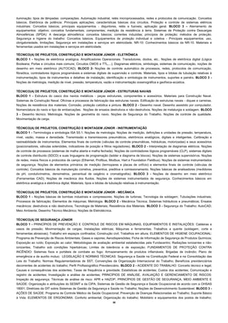 38 
iluminação; tipos de lâmpadas: comparações. Automação industrial, relés microprocessados, redes e protocolos de comunicação. Conceitos básicos. Eletrônica de potência: Principais aplicações; características básicas dos circuitos. Proteção e controle de sistemas elétricos industriais: Conceitos básicos; principais equipamentos - disjuntores, relés e fusíveis; aplicação geral. BLOCO 3 – Aterramento de equipamentos: objetivo; conceitos fundamentais; componentes; medição da resistência à terra. Sistemas de Proteção contra Descargas Atmosféricas (SPDA): A descarga atmosférica: conceitos básicos; correntes induzidas; princípios de proteção; métodos de proteção. Segurança e higiene do trabalho: Conceitos básicos. Equipamentos de proteção individual e coletiva - Principais equipamentos: uso, obrigatoriedade, limitações; Segurança em instalações e serviços em eletricidade. NR-10: Conhecimentos básicos da NR-10. Materiais e ferramentas usados em instalações e serviços em eletricidade. 
TÉCNICO(A) DE PROJETOS, CONSTRUÇÃO E MONTAGEM JÚNIOR - ELETRÔNICA 
BLOCO 1 - Noções de eletrônica analógica. Amplificadores Operacionais. Transdutores, diodos, etc.. Noções de eletrônica digital (Lógica Booleana; Portas e circuitos mais comuns; Circuitos CMOS e TTL,...); Diagramas elétricos, simbologia, sistemas de comunicação, noções de desenho em meio eletrônico (AUTOCAD). BLOCO 2- Noções de controle automático de processos, redes, protocolos de comunicação, fibraótica, controladores lógicos programáveis e sistemas digitais de supervisão e controle. Materiais, tipos e bitolas de tubulação relativas à instrumentação, tipos de instrumentos e detalhes de instalação, identificação e simbologia de instrumentos, suportes e painéis. BLOCO 3 - Noções de metrologia, medição de nível, pressão, temperatura, vazão e instrumentação oceanográfica e geofísica-acústica. 
TÉCNICO(A) DE PROJETOS, CONSTRUÇÃO E MONTAGEM JÚNIOR - ESTRUTURAS NAVAIS 
BLOCO 1 - Estrutura do casco dos navios metálicos - peças estruturais, componentes e acessórios. Materiais para Construção Naval. Sistemas de Construção Naval. Oficinas e processos de fabricação das estruturas navais. Edificação de estruturas navais - diques e carreiras. Noções de resistência dos materiais. Corrosão, proteção catódica e pintura. BLOCO 2 - Desenho naval. Desenho assistido por computador. Nomenclatura do navio e tipo de embarcações. Noções de ensaios destrutivos e não-destrutivos. Noções de metalurgia e soldagem. BLOCO 3 - Desenho técnico. Metrologia. Noções de geometria do navio. Noções de Segurança do Trabalho. Noções de controle de qualidade. Movimentação de carga. 
TÉCNICO(A) DE PROJETOS, CONSTRUÇÃO E MONTAGEM JÚNIOR - INSTRUMENTAÇÃO 
BLOCO 1 - Terminologia e simbologia ISA S5.1. Noções de metrologia. Noções de medição, definições e unidades de pressão, temperatura, nível, vazão, massa e densidade. Transmissão e transmissores pneumáticos, eletrônicos analógicos, digitais e inteligentes. Calibração e rastreabilidade de instrumentos. Elementos finais de controle (válvulas de controle pneumáticas, hidráulicas, motorizadas) e seus acessórios (posicionadores, válvulas solenóides, indicadores de posição e filtros reguladores). BLOCO 2 - Interpretação de diagramas elétricos. Noções de controle de processos (sistemas de malha aberta e malha fechada). Noções de controladores lógicos programáveis (CLP), sistemas digitais de controle distribuído (SDCD) e suas linguagens de programação (ladder e diagrama de blocos). Noções de sistemas supervisórios. Noções de redes, meios físicos e protocolos de campo (Ethernet, Profibus, Modbus, Hart e Foundation Fieldbus). Noções de sistemas instrumentados de segurança. Noções de elementos primários de medição (termopares e placas de orifício) e elementos finais de controle (válvulas de controle). Conceitos básicos de manutenção corretiva, preventiva, preditiva e comissionamento. Noções básicas de analisadores (medidores de pH, condutivímetros, densímetros, percentual de oxigênio e cromatógrafos). BLOCO 3 - Noções de desenho em meio eletrônico (Ferramentas CAD). Noções de mecânica dos fluidos. Noções de sistemas instrumentados de segurança. Conhecimentos básicos em eletrônica analógica e eletrônica digital. Materiais, tipos e bitolas de tubulação relativas à instrumentação. 
TÉCNICO(A) DE PROJETOS, CONSTRUÇÃO E MONTAGEM JÚNIOR - MECÂNICA 
BLOCO 1 - Noções básicas de bombas industriais e compressores; Noções de turbinas; Tecnologia da soldagem; Tubulações industriais; Processos de fabricação; Elementos de máquinas; Metrologia. BLOCO 2 - Mecânica Técnica; Sistemas hidráulicos e pneumáticos; Ensaios mecânicos: destrutivos e não destrutivos; Tecnologia de Materiais; Resistência dos Materiais. BLOCO 3 - Segurança do Trabalho; AutoCAD; Meio Ambiente; Desenho Técnico Mecânico; Noções de Eletrotécnica. 
TÉCNICO(A) DE SEGURANÇA JÚNIOR 
BLOCO 1 - PRINCÍPIOS DE PREVENÇÃO E CONTROLE DE RISCOS EM MÁQUINAS, EQUIPAMENTOS E INSTALAÇÕES: Caldeiras e vasos de pressão; Movimentação de cargas; Instalações elétricas; Máquinas e ferramentas; Trabalhos a quente (soldagem, corte e ferramentas abrasivas); Trabalho em espaços confinados; Construção civil; Trabalhos em altura; ELEMENTOS DE HIGIENE OCUPACIONAL: Programa de Prevenção de Riscos Ambientais; Gases e vapores; Aerodispersóides; Ficha de Informação de Segurança de Produtos Químicos; Exposição ao ruído; Exposição ao calor; Metodologias de avaliação ambiental estabelecidas pela Fundacentro; Radiações ionizantes e não- ionizantes; Trabalho sob condições hiperbáricas; Limites de tolerância e de exposição; FUNDAMENTOS DE PROTEÇÃO CONTRA INCÊNDIO: Sistemas fixos e portáteis de combate ao fogo; Armazenamento de produtos inflamáveis; Brigadas de incêndio; Plano de emergência e de auxílio mútuo; LEGISLAÇÃO E NORMAS TÉCNICAS: Segurança e Saúde na Constituição Federal e na Consolidação das Leis do Trabalho; Normas Regulamentadoras de SST; Convenções da Organização Internacional do Trabalho; Benefícios previdenciários decorrentes de acidentes do trabalho; Perfil Profissiográfico Previdenciário. BLOCO 2 - ACIDENTE DO TRABALHO: Conceito técnico e legal; Causas e consequências dos acidentes; Taxas de frequência e gravidade; Estatísticas de acidentes; Custos dos acidentes; Comunicação e registro de acidentes; Investigação e análise de acidentes; PRINCÍPIOS DE ANÁLISE, AVALIAÇÃO E GERENCIAMENTO DE RISCOS: Inspeção de segurança; Técnicas de análise de risco: APR e HAZOP; PRINCÍPIOS DE GESTÃO DE SEGURANÇA, MEIO AMBIENTE E SAÚDE: Organização e atribuições do SESMT e da CIPA; Sistemas de Gestão de Segurança e Saúde Ocupacional de acordo com a OHSAS 18001; Diretrizes da OIT sobre Sistemas de Gestão da Segurança e Saúde no Trabalho; Noções de Desenvolvimento Sustentável. BLOCO 3 - AÇÕES DE SAÚDE: Programa de Controle Médico de Saúde Ocupacional; Prevenção de Doenças Relacionadas ao Trabalho; Suporte Básico à Vida; ELEMENTOS DE ERGONOMIA: Conforto ambiental; Organização do trabalho; Mobiliário e equipamentos dos postos de trabalho;  