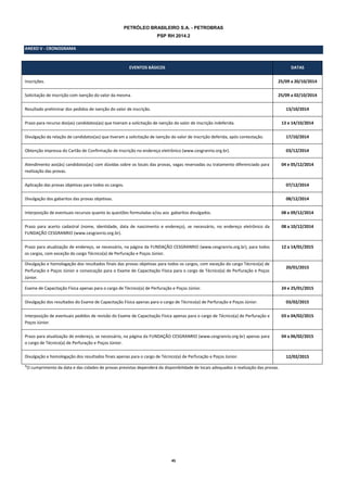 45 
PETRÓLEO BRASILEIRO S.A. - PETROBRAS 
PSP RH 2014.2 
ANEXO V - CRONOGRAMA EVENTOS BÁSICOS DATAS 
Inscrições. 
25/09 a 20/10/2014 
Solicitação de inscrição com isenção do valor da mesma. 
25/09 a 02/10/2014 
Resultado preliminar dos pedidos de isenção do valor de inscrição. 
13/10/2014 
Prazo para recurso dos(as) candidatos(as) que tiveram a solicitação de isenção do valor de inscrição indeferida. 
13 e 14/10/2014 
Divulgação da relação de candidatos(as) que tiveram a solicitação de isenção do valor de inscrição deferida, após contestação. 
17/10/2014 
Obtenção impressa do Cartão de Confirmação de Inscrição no endereço eletrônico (www.cesgranrio.org.br). 
03/12/2014 
Atendimento aos(às) candidatos(as) com dúvidas sobre os locais das provas, vagas reservadas ou tratamento diferenciado para realização das provas. 
04 e 05/12/2014 
Aplicação das provas objetivas para todos os cargos. 
07/12/2014 
Divulgação dos gabaritos das provas objetivas. 
08/12/2014 
Interposição de eventuais recursos quanto às questões formuladas e/ou aos gabaritos divulgados. 
08 e 09/12/2014 
Prazo para acerto cadastral (nome, identidade, data de nascimento e endereço), se necessário, no endereço eletrônico da FUNDAÇÃO CESGRANRIO (www.cesgranrio.org.br). 
08 a 10/12/2014 
Prazo para atualização de endereço, se necessário, na página da FUNDAÇÃO CESGRANRIO (www.cesgranrio.org.br), para todos os cargos, com exceção do cargo Técnico(a) de Perfuração e Poços Júnior. 
12 a 14/01/2015 
Divulgação e homologação dos resultados finais das provas objetivas para todos os cargos, com exceção do cargo Técnico(a) de Perfuração e Poços Júnior e convocação para o Exame de Capacitação Física para o cargo de Técnico(a) de Perfuração e Poços Júnior. 
20/01/2015 
Exame de Capacitação Física apenas para o cargo de Técnico(a) de Perfuração e Poços Júnior. 
24 e 25/01/2015 
Divulgação dos resultados do Exame de Capacitação Física apenas para o cargo de Técnico(a) de Perfuração e Poços Júnior. 
03/02/2015 
Interposição de eventuais pedidos de revisão do Exame de Capacitação Física apenas para o cargo de Técnico(a) de Perfuração e Poços Júnior. 
03 e 04/02/2015 
Prazo para atualização de endereço, se necessário, na página da FUNDAÇÃO CESGRANRIO (www.cesgranrio.org.br) apenas para o cargo de Técnico(a) de Perfuração e Poços Júnior. 
04 a 06/02/2015 
Divulgação e homologação dos resultados finais apenas para o cargo de Técnico(a) de Perfuração e Poços Júnior. 
12/02/2015 
*O cumprimento da data e das cidades de provas previstas dependerá da disponibilidade de locais adequados à realização das provas. 
 