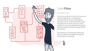 UserFlow
a.k.a: Wireﬂow, UI Flow
Fluxo do usuário é o caminho que um
usuário segue em um produto.
Não precisa ser linear, ele pode se
ramiﬁcar em um caminho não linear.
Ao determinar esse caminho, você
pode ver as curvas possíveis ao longo
da rota e pode otimizar a experiência
do usuário.
Os ﬂuxos de usuários são úteis para
eliminar ﬂuxos complexos antes de
desenvolver o produto.
 