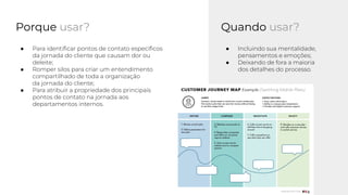 ● Para identiﬁcar pontos de contato especíﬁcos
da jornada do cliente que causam dor ou
deleite;
● Romper silos para criar um entendimento
compartilhado de toda a organização
da jornada do cliente;
● Para atribuir a propriedade dos principais
pontos de contato na jornada aos
departamentos internos.
Porque usar?
● Incluindo sua mentalidade,
pensamentos e emoções;
● Deixando de fora a maioria
dos detalhes do processo.
Quando usar?
 