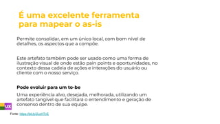 É uma excelente ferramenta
para mapear o as-is
Permite consolidar, em um único local, com bom nível de
detalhes, os aspectos que a compõe.
Este artefato também pode ser usado como uma forma de
ilustração visual de onde estão pain points e oportunidades, no
contexto dessa cadeia de ações e interações do usuário ou
cliente com o nosso serviço.
Pode evoluir para um to-be
Uma experiência alvo, desejada, melhorada, utilizando um
artefato tangível que facilitará o entendimento e geração de
consenso dentro de sua equipe.
Fonte: https://bit.ly/2LoHTnE
 