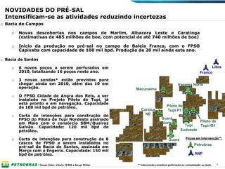 PRODUÇÃO 2010
 NOVIDADES DO PRÉ-SAL
 Intensificam-se as atividades reduzindo incertezas
o Bacia de Campos

     o   Novas descobertas nos campos de Marlim, Albacora Leste e Caratinga
         (estimativas de 485 milhões de boe, com potencial de até 740 milhões de boe)

     o   Início da produção no pré-sal no campo de Baleia Franca, com o FPSO
         Capixaba com capacidade de 100 mil bpd. Produção de 20 mil ainda este ano.

o Bacia de Santos

     o   6 novos poços a serem perfurados em                                                                              Libra
         2010, totalizando 16 poços neste ano.                                                                      Franco
     o   3 novas sondas* estão previstas para
         chegar ainda em 2010, além das 10 em                                                     Iracema Norte
         operação.                                                Macunaíma
     o   O FPSO Cidade de Angra dos Reis, a ser
         instalado no Projeto Piloto de Tupi, já
         está pronto e em navegação. Capacidade
         de 100 mil bpd de petróleo.                                                     Piloto de
                                                                    Carioca              Tupi P1
     o   Carta de intenções para construção do                        NE
         FPSO do Piloto de Tupi Nordeste assinado                                    Guará
                                                                                     Norte                          Piloto de
         em Maio com o consórcio SBM/Queiroz
         Galvão. Capacidade: 120 mil bpd de                                                           Tupi          Tupi IG1
         petróleo.                                                                                  Sudoeste

     o   Carta de intenções para construção de 8                                                        Poços em intervenção**:
                                                                                                        Poç      intervenç
                                                                                          Guará
         cascos de FPSO a serem instalados no                                                                  Petrobras
         pré-sal da Bacia de Santos, assinada em
         Março com a Engevix. Capacidade: 150 mil
         bpd de petróleo.                                                                                       ANP

                 * Ocean Valor, Vitoria 10.000 e Sevan Driller.   ** Intervenção considera perfuração ou completação ou teste.   6
 