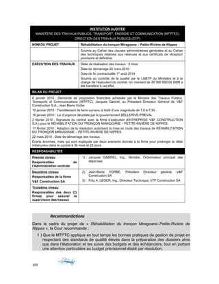 INSTITUTION AUDITÉE
MINISTÈRE DES TRAVAUX PUBLICS, TRANSPORT, ÉNERGIE ET COMMUNICATION (MTPTEC)
DIRECTION DES TRAVAUX PUBLICS (DTP)
NOM DU PROJET Réhabilitation du tronçon Miragoane – Petite-Rivière de Nippes
Soumis au Cahier des clauses administratives générales et au Cahier
des techniques relatives aux retenues et aux certificats de réception
provisoire et définitive.
EXÉCUTION DES TRAVAUX Délai de réalisation des travaux : 8 mois
Date de démarrage 22 mars 2010
Date de fin contractuelle 1er
août 2014
Soumis au contrôle de la qualité par le LNBTP du Ministère et à la
charge de l’exécutant du contrat. Un montant de 20 000 000,00 GDR a
été transféré à cet effet.
BILAN DU PROJET
6 janvier 2010 : Demande de proposition financière adressée par le Ministre des Travaux Publics,
Transports et Communications (MTPTC), Jacques Gabriel, au Président Directeur Géneral de V&F
Construction S.A., Jean Marie Vorbe
12 janvier 2010 : Tremblement de terre survenu à Haïti d’une magnitude de 7,0 à 7,34
16 janvier 2010 : Loi d’urgence décrétée par le gouvernement BELLERIVE-PREVAL
2 février 2010 : Signature du contrat avec la firme d’exécution (ENTREPRISE V&F CONSTRUCTION
S.A.) pour la RÉHABILITATION DU TRONÇON MIRAGOANE – PETITE-RIVIÈRE DE NIPPES
11 février 2010 : Adoption de la résolution autorisant la mise en route des travaux de RÉHABILITATION
DU TRONÇON MIRAGOANE – PETITE-RIVIERE DE NIPPES
22 mars 2010 : Date de démarrage des travaux
Écarts énormes, mais qui sont expliqués par deux avenants donnés à la firme pour prolonger le délai
initial prévu dans le contrat à 36 mois et 23 jours.
RESPONSABILITÉS
Premier niveau
Responsables de
l'Administration centrale
1) Jacques GABRIEL, Ing., Ministre, Ordonnateur principal des
dépenses
Deuxième niveau
Responsables de la firme
V&F Construction SA
2) Jean-Marie VORBE, Président Directeur général, V&F
Construction SA
3) Fritz A. LEGER, Ing., Directeur Technique, V7F Construction SA
Troisième niveau
Responsables des deux (2)
firmes pour assurer la
supervision des travaux
Recommandations
Dans le cadre du projet de « Réhabilitation du tronçon Miragoane–Petite-Rivière de
Nippes », la Cour recommande :
1 ) Que le MTPTC applique en tout temps les bonnes pratiques de gestion de projet en
respectant des standards de qualité élevés dans la préparation des dossiers ainsi
que dans l’élaboration et les suivis des budgets et des échéanciers, tout en portant
une attention particulière au budget prévisionnel établi par résolution.
103
 