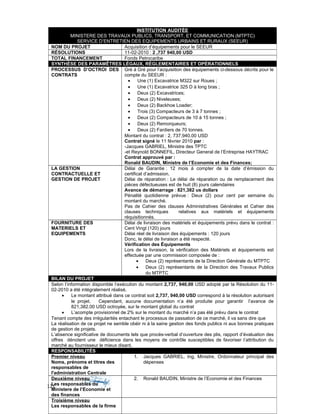 121
INSTITUTION AUDITÉE
MINISTERE DES TRAVAUX PUBLICS, TRANSPORT, ET COMMUNICATION (MTPTC)
SERVICE D’ENTRETIEN DES EQUIPEMENTS URBAINS ET RURAUX (SEEUR)
NOM DU PROJET Acquisition d’équipements pour le SEEUR
RÉSOLUTIONS 11-02-2010 : 2 ,737 940,00 USD
TOTAL FINANCEMENT Fonds Petrocaribe
SYNTHÈSE DES PARAMÊTRES LÉGAUX, RÉGLEMENTAIRES ET OPÉRATIONNELS
PROCESSUS D’OCTROI DES
CONTRATS
Gré á Gré pour l’acquisition des équipements ci-dessous décrits pour le
compte du SEEUR :
• Une (1) Excavatrice M322 sur Roues ;
• Une (1) Excavatrice 325 D á long bras ;
• Deux (2) Excavatrices;
• Deux (2) Niveleuses;
• Deux (2) Backhoe Loader;
• Trois (3) Compacteurs de 3 á 7 tonnes ;
• Deux (2) Compacteurs de 10 á 15 tonnes ;
• Deux (2) Remorqueurs;
• Deux (2) Fardiers de 70 tonnes.
Montant du contrat : 2, 737,940.00 USD
Contrat signé le 11 février 2010 par :
-Jacques GABRIEL, Ministre des TPTC
-et Reynold BONNEFIL, Directeur General de l’Entreprise HAYTRAC
Contrat approuvé par :
Ronald BAUDIN, Ministre de l’Economie et des Finances;
LA GESTION
CONTRACTUELLE ET
GESTION DE PROJET
Délai de Garantie : 12 mois á compter de la date d’émission du
certificat d’admission.
Délai de réparation : Le délai de réparation ou de remplacement des
pièces défectueuses est de huit (8) jours calendaires
Avance de démarrage : 821,382 us dollars
Pénalité quotidienne prévue : Deux (2) pour cent par semaine du
montant du marché.
Pas de Cahier des clauses Administratives Générales et Cahier des
clauses techniques relatives aux matériels et équipements
réquisitionnés.
FOURNITURE DES
MATERIELS ET
EQUIPEMENTS
Délai de livraison des matériels et équipements prévu dans le contrat :
Cent Vingt (120) jours
Délai réel de livraison des équipements : 120 jours
Donc, le délai de livraison a été respecté.
Vérification des Équipements
Lors de la livraison, la vérification des Matériels et équipements est
effectuée par une commission composée de :
• Deux (2) représentants de la Direction Générale du MTPTC
• Deux (2) représentants de la Direction des Travaux Publics
du MTPTC
BILAN DU PROJET
Selon l’information disponible l’exécution du montant 2,737, 940,00 USD adopté par la Résolution du 11-
02-2010 a été intégralement réalisé.
• Le montant attribué dans ce contrat soit 2,737, 940,00 USD correspond à la résolution autorisant
le projet. Cependant, aucune documentation n’a été produite pour garantir l’avance de
821,382.00 USD octroyée, sur le montant global du contrat
• L’acompte provisionnel de 2% sur le montant du marché n’a pas été prévu dans le contrat
Tenant compte des irrégularités entachant le processus de passation de ce marché, il va sans dire que
La réalisation de ce projet ne semble obéir ni à la saine gestion des fonds publics ni aux bonnes pratiques
de gestion de projets.
L’absence significative de documents tels que procès-verbal d’ouverture des plis, rapport d’évaluation des
offres dénotent une déficience dans les moyens de contrôle susceptibles de favoriser l’attribution du
marché au fournisseur le mieux disant.
RESPONSABILITÉS
Premier niveau
Noms, prénoms et titres des
responsables de
l'administration Centrale
1. Jacques GABRIEL, Ing, Ministre, Ordonnateur principal des
dépenses
Deuxième niveau
Les responsables du
Ministere de l’Economie et
des finances
2. Ronald BAUDIN, Ministre de l’Economie et des Finances
Troisième niveau
Les responsables de la firme
 