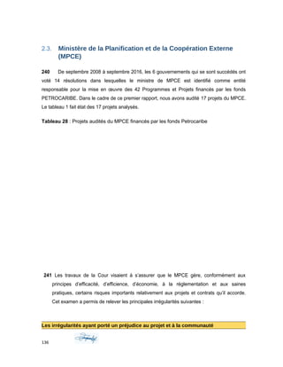 2.3. Ministère de la Planification et de la Coopération Externe
(MPCE)
240 De septembre 2008 à septembre 2016, les 6 gouvernements qui se sont succédés ont
voté 14 résolutions dans lesquelles le ministre de MPCE est identifié comme entité
responsable pour la mise en œuvre des 42 Programmes et Projets financés par les fonds
PETROCARIBE. Dans le cadre de ce premier rapport, nous avons audité 17 projets du MPCE.
Le tableau 1 fait état des 17 projets analysés.
Tableau 28 : Projets audités du MPCE financés par les fonds Petrocaribe
241 Les travaux de la Cour visaient à s’assurer que le MPCE gère, conformément aux
principes d’efficacité, d’efficience, d’économie, à la réglementation et aux saines
pratiques, certains risques importants relativement aux projets et contrats qu’il accorde.
Cet examen a permis de relever les principales irrégularités suivantes :
Les irrégularités ayant porté un préjudice au projet et à la communauté
136
 