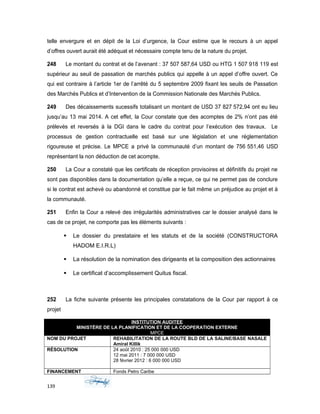 telle envergure et en dépit de la Loi d’urgence, la Cour estime que le recours à un appel
d’offres ouvert aurait été adéquat et nécessaire compte tenu de la nature du projet.
248 Le montant du contrat et de l’avenant : 37 507 587,64 USD ou HTG 1 507 918 119 est
supérieur au seuil de passation de marchés publics qui appelle à un appel d’offre ouvert. Ce
qui est contraire à l’article 1er de l’arrêté du 5 septembre 2009 fixant les seuils de Passation
des Marchés Publics et d’Intervention de la Commission Nationale des Marchés Publics.
249 Des décaissements sucessifs totalisant un montant de USD 37 827 572,94 ont eu lieu
jusqu’au 13 mai 2014. A cet effet, la Cour constate que des acomptes de 2% n’ont pas été
prélevés et reversés à la DGI dans le cadre du contrat pour l’exécution des travaux. Le
processus de gestion contractuelle est basé sur une législation et une réglementation
rigoureuse et précise. Le MPCE a privé la communauté d’un montant de 756 551,46 USD
représentant la non déduction de cet acompte.
250 La Cour a constaté que les certificats de réception provisoires et définitifs du projet ne
sont pas disponibles dans la documentation qu’elle a reçue, ce qui ne permet pas de conclure
si le contrat est achevé ou abandonné et constitue par le fait même un préjudice au projet et à
la communauté.
251 Enfin la Cour a relevé des irrégularités administratives car le dossier analysé dans le
cas de ce projet, ne comporte pas les éléments suivants :
 Le dossier du prestataire et les statuts et de la société (CONSTRUCTORA
HADOM E.I.R.L)
 La résolution de la nomination des dirigeants et la composition des actionnaires
 Le certificat d’accomplissement Quitus fiscal.
252 La fiche suivante présente les principales constatations de la Cour par rapport à ce
projet
INSTITUTION AUDITEE
MINISTÈRE DE LA PLANIFICATION ET DE LA COOPERATION EXTERNE
MPCE
NOM DU PROJET REHABILITATION DE LA ROUTE BLD DE LA SALINE/BASE NASALE
Amiral Killik
RÉSOLUTION 24 août 2010 : 25 000 000 USD
12 mai 2011 : 7 000 000 USD
28 février 2012 : 6 000 000 USD
FINANCEMENT Fonds Petro Caribe
139
 