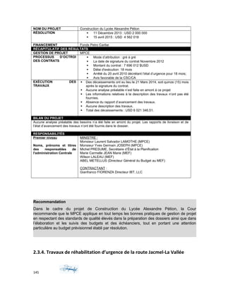 NOM DU PROJET Construction du Lycée Alexandre Pétion
RÉSOLUTION  11 Décembre 2013 : USD 2 000 000
 15 avril 2015 : USD 4 562 018
FINANCEMENT Fonds Petro Caribe
RÉCAPITULATIF DES RÉSULTATS
GESTION DE PROJET MPCE
PROCESSUS D’OCTROI
DES CONTRATS
 Mode d’attribution : gré à gré
 La date de signature du contrat Novembre 2012
 Montant du contrat : 7 696 012 $USD
 Délai d'exécution: 18 mois
 Arrêté du 20 avril 2010 décrétant l’état d’urgence pour 18 mois;
 Avis favorable de la CSC/CA
EXÉCUTION DES
TRAVAUX
 Des décaissements ont eu lieu le 21 Mars 2014, soit quinze (15) mois
après la signature du contrat.
 Aucune analyse préalable n’est faite en amont à ce projet
 Les informations relatives à la description des travaux n’ont pas été
fournies.
 Absence du rapport d’avancement des travaux.
 Aucune description des travaux.
 Total des décaissements : USD 6 021 346,51.
BILAN DU PROJET
Aucune analyse préalable des besoins n’a été faite en amont du projet. Les rapports de livraison et de
l’état d’avancement des travaux n’ont été fournis dans le dossier.
RESPONSABILITÉS
Premier niveau
Noms, prénoms et titres
des responsables de
l'administration Centrale
MINISTRE :
Monsieur Laurent Salvador LAMOTHE (MPCE)
Monsieur Yves Germain JOSEPH (MPCE)
Michel PRESUME, Secrétaire d’État à la Planification
Marie Carmelle JEAN Marie (MEF)
Wilson LALEAU (MEF)
ABEL METELLUS (Directeur Général du Budget au MEF)
CONTRACTANT :
Gianfranco FIORENZA Directeur IBT, LLC
Recommandation
Dans le cadre du projet de Construction du Lycée Alexandre Pétion, la Cour
recommande que le MPCE applique en tout temps les bonnes pratiques de gestion de projet
en respectant des standards de qualité élevés dans la préparation des dossiers ainsi que dans
l’élaboration et les suivis des budgets et des échéanciers, tout en portant une attention
particulière au budget prévisionnel établi par résolution.
2.3.4. Travaux de réhabilitation d’urgence de la route Jacmel-La Vallée
145
 
