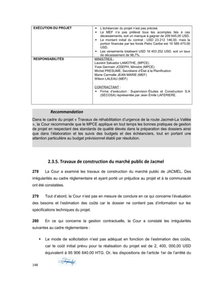EXÉCUTION DU PROJET  L’échéancier du projet n’est pas précisé.
 Le MEF n’a pas prélevé tous les acomptes liés à ces
décaissements, soit un manque à gagner de 209 645,00 USD.
 Le montant initial du contrat : USD 23 212 146.00, mais la
portion financée par les fonds Petro Caribe est 16 589 473.00
USD.
 Les versements totalisent USD 16 403 252 USD, soit un taux
de décaissement de 98,7%.
RESPONSABILITÉS MINISTRES :
Laurent Salvador LAMOTHE, (MPCE)
Yves Germain JOSEPH, Ministre (MPCE)
Michel PRESUME, Secrétaire d’État à la Planification
Marie Carmelle JEAN MARIE (MEF)
Wilson LALEAU (MEF)
CONTRACTANT :
 Firme d’exécution : Supervision Études et Construction S.A
(SECOSA) représentée par Jean Émile LAFERIERE.
Recommandation
Dans le cadre du projet « Travaux de réhabilitation d’urgence de la route Jacmel-La Vallée
», la Cour recommande que le MPCE applique en tout temps les bonnes pratiques de gestion
de projet en respectant des standards de qualité élevés dans la préparation des dossiers ainsi
que dans l’élaboration et les suivis des budgets et des échéanciers, tout en portant une
attention particulière au budget prévisionnel établi par résolution.
2.3.5. Travaux de construction du marché public de Jacmel
278 La Cour a examiné les travaux de construction du marché public de JACMEL. Des
irrégularités au cadre réglementaire et ayant porté un préjudice au projet et à la communauté
ont été constatées.
279 Tout d’abord, la Cour n’est pas en mesure de conclure en ce qui concerne l’évaluation
des besoins et l’estimation des coûts car le dossier ne contient pas d’information sur les
spécifications techniques du projet.
280 En ce qui concerne la gestion contractuelle, la Cour a constaté les irrégularités
suivantes au cadre réglementaire :
 Le mode de sollicitation n’est pas adéquat en fonction de l’estimation des coûts,
car le coût initial prévu pour la réalisation du projet est de 2, 400, 000,00 USD
équivalent à 95 906 640.00 HTG. Or, les dispositions de l’article 1er de l’arrêté du
148
 